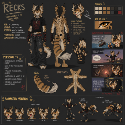 A teenage male wolf cheetah fox and lynx hybrid that makes questionable decisions, reference sheet, animated version 