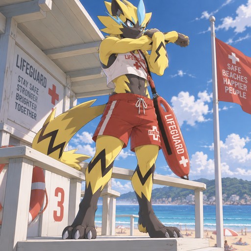 Male Zeraora wearing a lifeguard uniform. Standing on top of a lifeguard tower at a beach stretching letting a bit of abs show. Anime art style, full body.