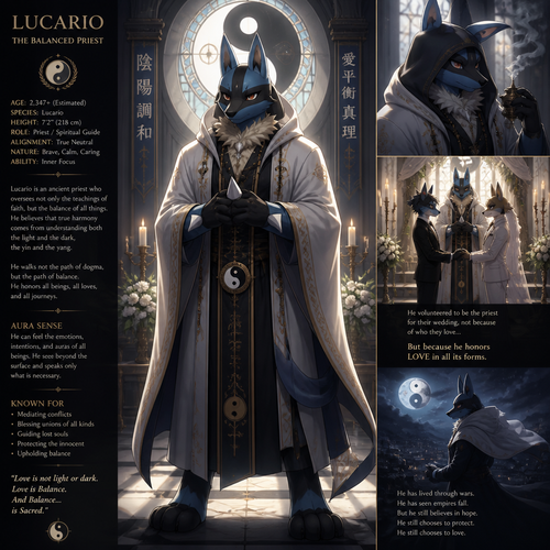 A well-made Pokemon male character, Lucario. A priest knows the balances both yin and yang not just religion. In anthro verse. Big and tall also very old but still tough. Wears a robe and a hoodie. So serious and mature. So brave and caring. In a name of aura. Volunteer to be a priest of a gay wedding.