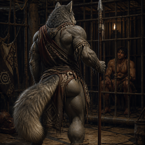 A well-made grown male grey Wolf from a tribe who looks at man as a prisoner who seems to like this human while tail wagging. Has thick thighs, round buttocks, a bushy tail, and wears a tribal cloth clothing also carries a spear. Back view. Secretly gay.