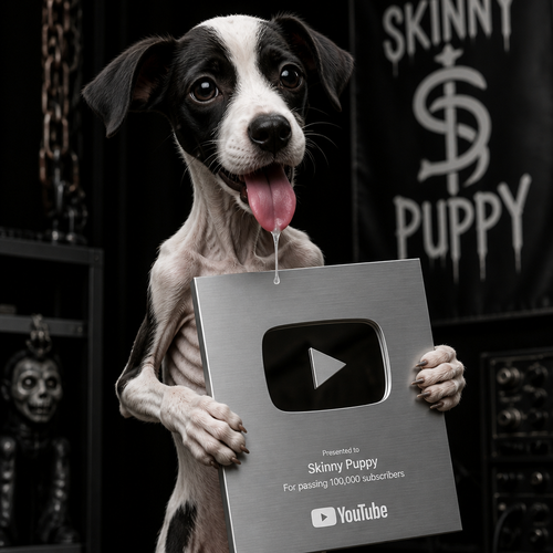 skinny puppy boy with black and white fur holding a YouTube plaque and a drip of saliva dripping from his tongue