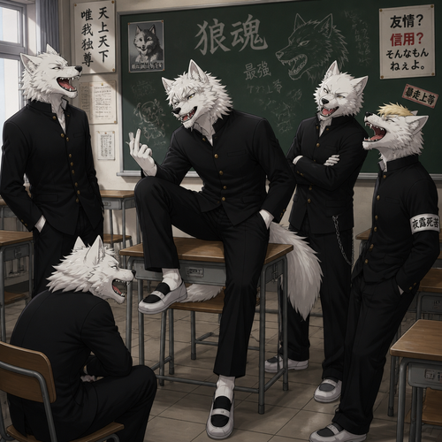 A middle school aged delinquent white male dire wolf wearing a gakuran. He is sitting on a desk in the classroom surrounded by his friends laughing at a crude joke. Anime style, full body.