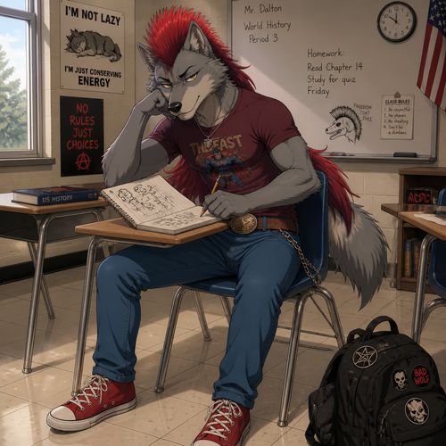 A high school aged male grey wolf wearing blue jeans with leather belt that has a cowboy belt buckle, tight maroon shirt with a superhero in it, red sneakers, and a red Mohawk hairstyle with the hair in the back going to the small of his back. He is sitting at a desk bored doodling inappropriate pictures in his notebook. Anime art style, full body.
