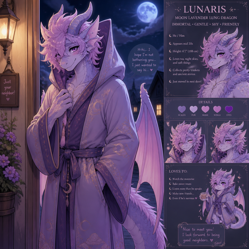A friendly shy immortal alike femboy grown male character (well-made) anthro moon lavender lung Dragon with pink & purple fur and a pretty one that wears a robe with a hoodie who came to say hi as a friendly neighbor.