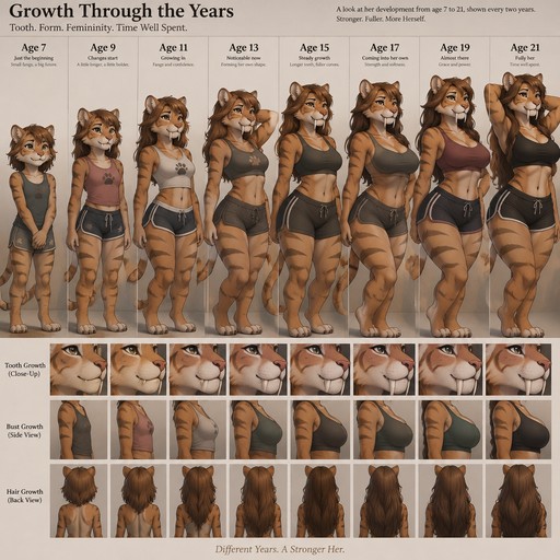 A female anthropomorphic saber tooth tiger, shows her bi-yearly tooth growth from when she was 7 to when she is 21, also shows bust growth and hair growth