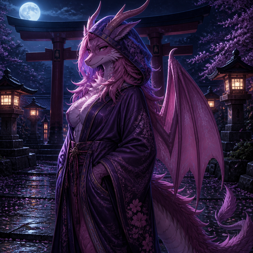 A well-made pink and purple furred grown female character, a lung dragon that wears a robe with a hoodie who sees you at the shrine by midnight.