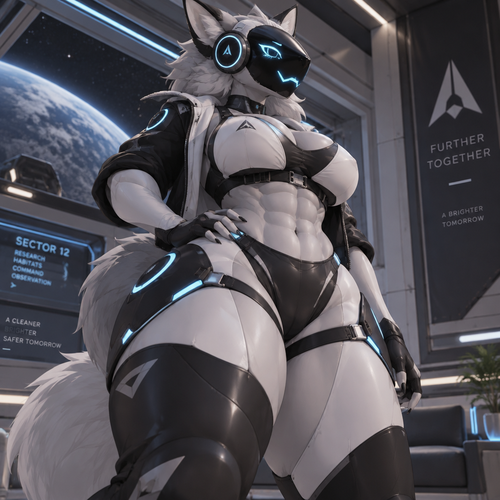 A high-quality digital illustration of a female Protogen with a muscular, curvaceous physique, featuring a large bust, defined abs, thick thighs, and wide hips. She strikes a confident, commanding pose inside a futuristic space station, wearing a comfortable futuristic outfit that accentuates her physique. Viewed from a low angle. Aesthetic 11.