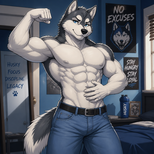 A young male husky wearing blues jeans with a belt tight on his waist and no shirt. Flexing his arms showing off his muscles while rubbing his 8 pack abs. Anime art style