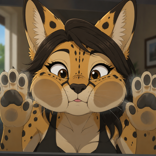 A female anthropomorphic several with her lower cheeks pressed against the screen, animated version 