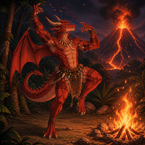 A male red dragonoid wearing a tribal loincloth and tribal tattoos. He is alone in a forest on the side of a volcano dancing around a campfire. Anime art style, solo, full body.