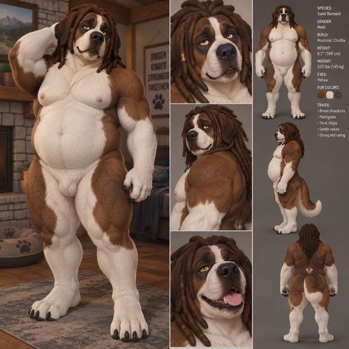 male anthro saint bernard, brown fur with white belly chest and arms, thick thighs, muscular, chubby, yellow eyes, plantigrade footpaws, brown dreadlocks