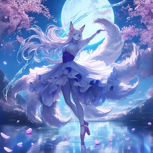 Beautiful furry art of a graceful fox-human hybrid ballerina mid-pirouette on a moonlit stage, her flowing dress and tail creating ethereal patterns, surrounded by floating cherry blossoms --niji 6