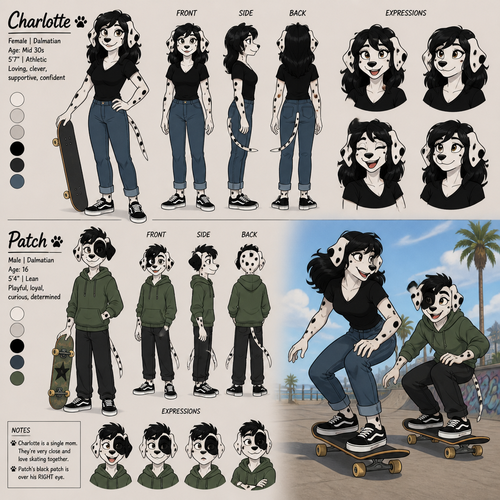 A beautiful female anthropomorphic Dalmatian with black hair named Charlotte in her mid thirties with no piercings skateboarding with her teenage son Patch who has a patch of black fur over his right eye, reference sheet, animated style 