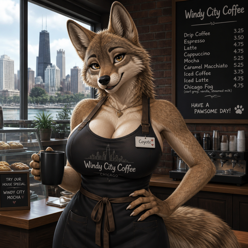 A busty grown female coyote that wears a apron and works at the cafe. Very well-made version. In a modern life. Lives in Chicago. Friendly and flirty.