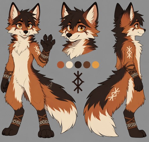 Digital furry character reference sheet showing a brown-and-cream fox in three poses.