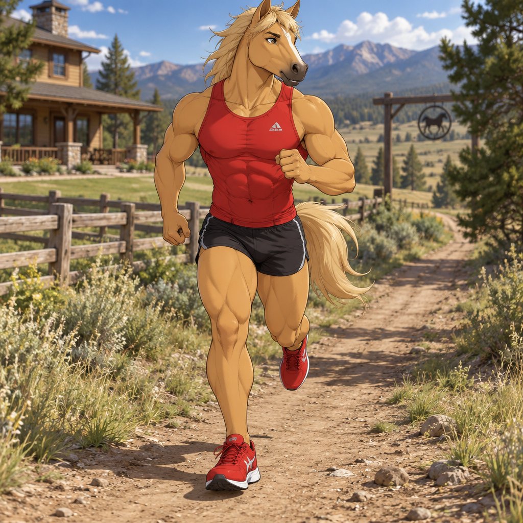 A male golden mustang wearing tight black short shorts restraining a small bulge, tight red muscle shirt, and red running shoes. Running along a trail located behind his ranch house. Anime art style, solo, full body.
