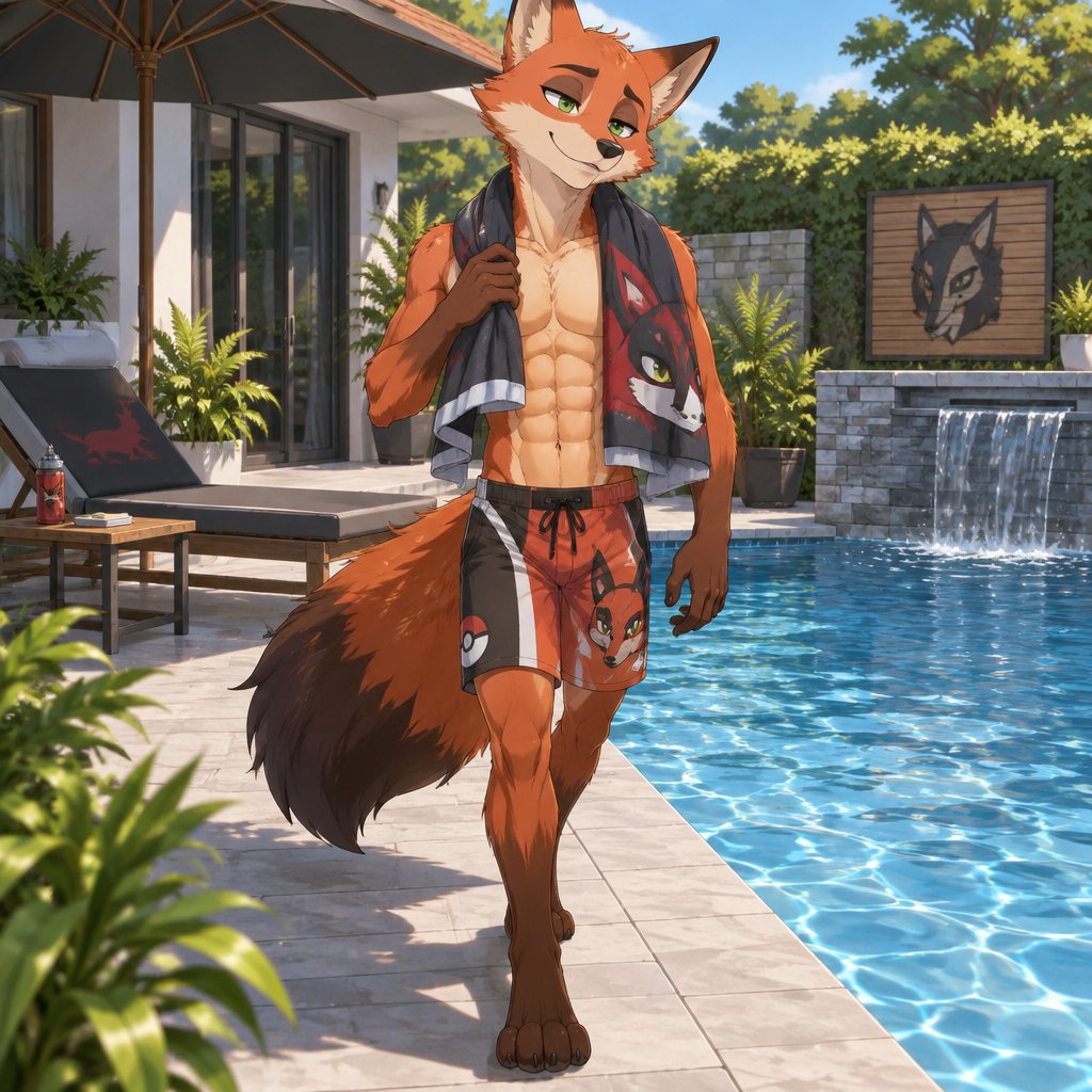 A teenage Nick Wilde wearing a Nickit themed swimsuit, showing off a 8 pack of abs, a Thievul themed towel around his neck. Walking along the pool behind his house to his favorite pool chair. Anime art style, solo, full body.