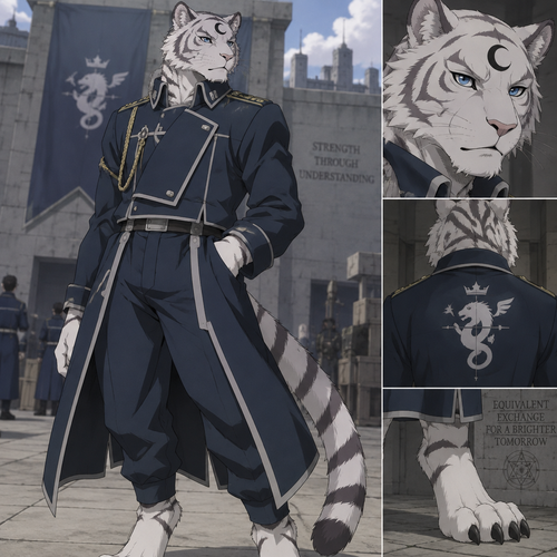 male, anthro, white tiger, black crescent on forehead, blue eyes, digitigrade footpaws, fullmetal alchemist
