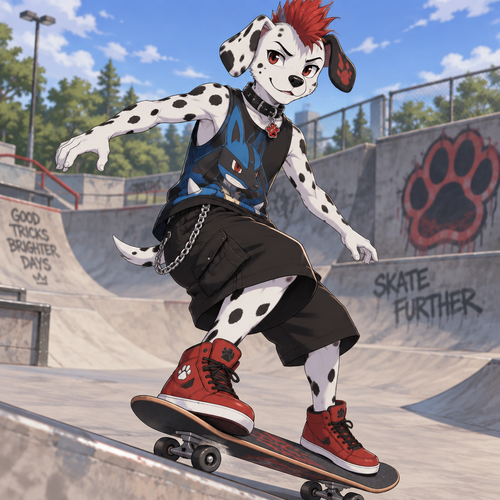 A middle school aged male Dalmatian wearing loose black khaki shorts with a chain hanging onto the right side, a lucario themed sleeveless shirts, red high top shoes, a black leather collar with a ruby paw pendant, and a red mohawk. He is skateboarding in a skate park. Anime art style, solo, full body.