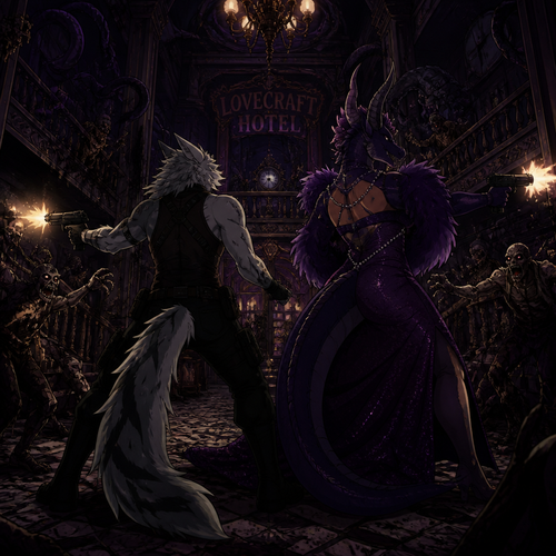 In the animated version of this universe, two adult male characters fight for their lives together against the undead inside the Lovecraft hotel. A bisexual Sergal and the drag queen the Dragon. Do better with music. Back view.