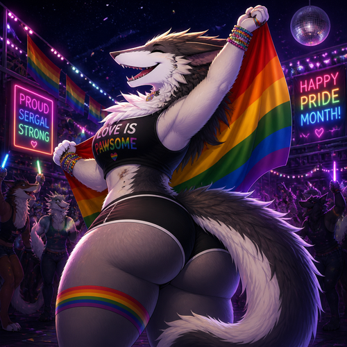 In animated universe, a well-made Sergal character with thick thighs and big buttocks also fluffy who’s happily celebrating on pride month at the party at night.