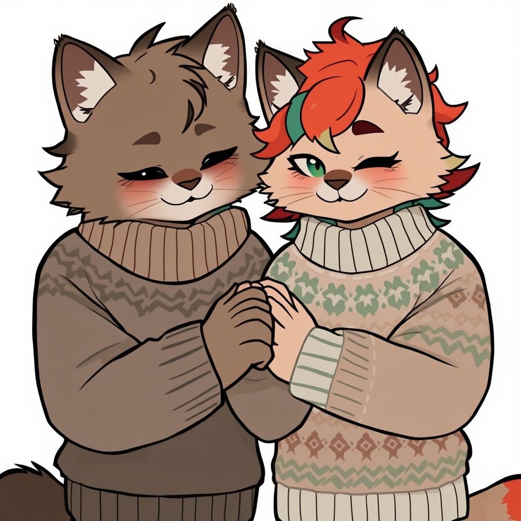 A brown shy looking male cat holding hands with a red and green furred male cat they are both wearing over sized sweaters