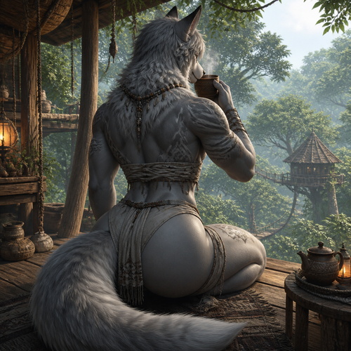 A well-made male femboy grown grey Wolf omega from a tribal who lives up top of a treehouse among the trees alone. Has thick thighs, round buttocks, bushy tail, fluffy neck, wears a necklace, and wearing a cloth clothing. Back view. Drinking a cup of hot tea.
