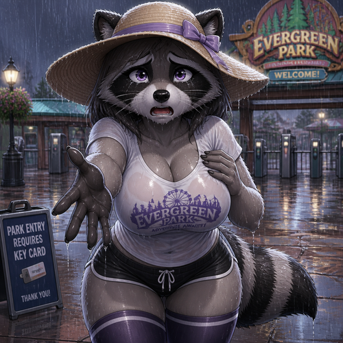 A well-made adult matured anthro female Raccoon character that wears a sun hat and a T-shirt who lost her key card unhappily annoyed. Has thigh highs and boobs. On a rainy day at the themed park. Well-animated version. All wet. Front-shot view. Asking like begging a person for some assistance.