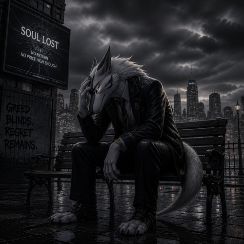A shameful billionaire male Sergal just lost his soul male the non-rich male Sergal and remembers how he regretted mindlessly while sitting on a bench alone outside of a dark clouds in a city.