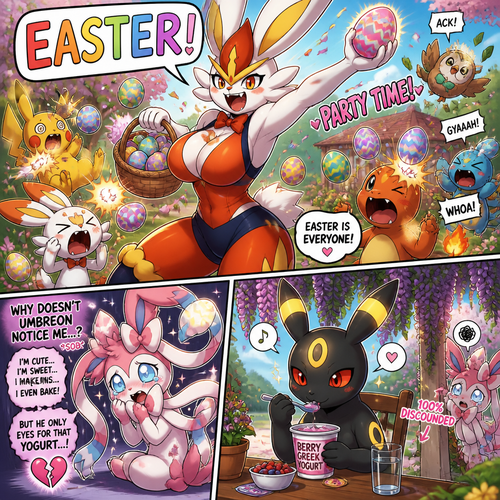 A busty well-made fluffy female Pokemon character, Cinderace. Who celebrates on today’s Easter Day and shouts, EASTER! And wrecking up a place like a crazy party girl while she knocked other Pokemon by throwing eggs at them but A cute but creepy but a gay male Sylveon just as sad and irritating about being ignored by a male Umbreon while eating a healthy yogurt distracted and appreciated. All well-made characters. A dramatic and a funny comedy show. Animated views. Spring season. No mistakes.
