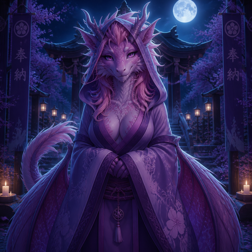 A well-made pink and purple furred dreamy grown female character, a lung dragon that wears a robe with a hoodie who sees you at a front view in the shrine by midnight.