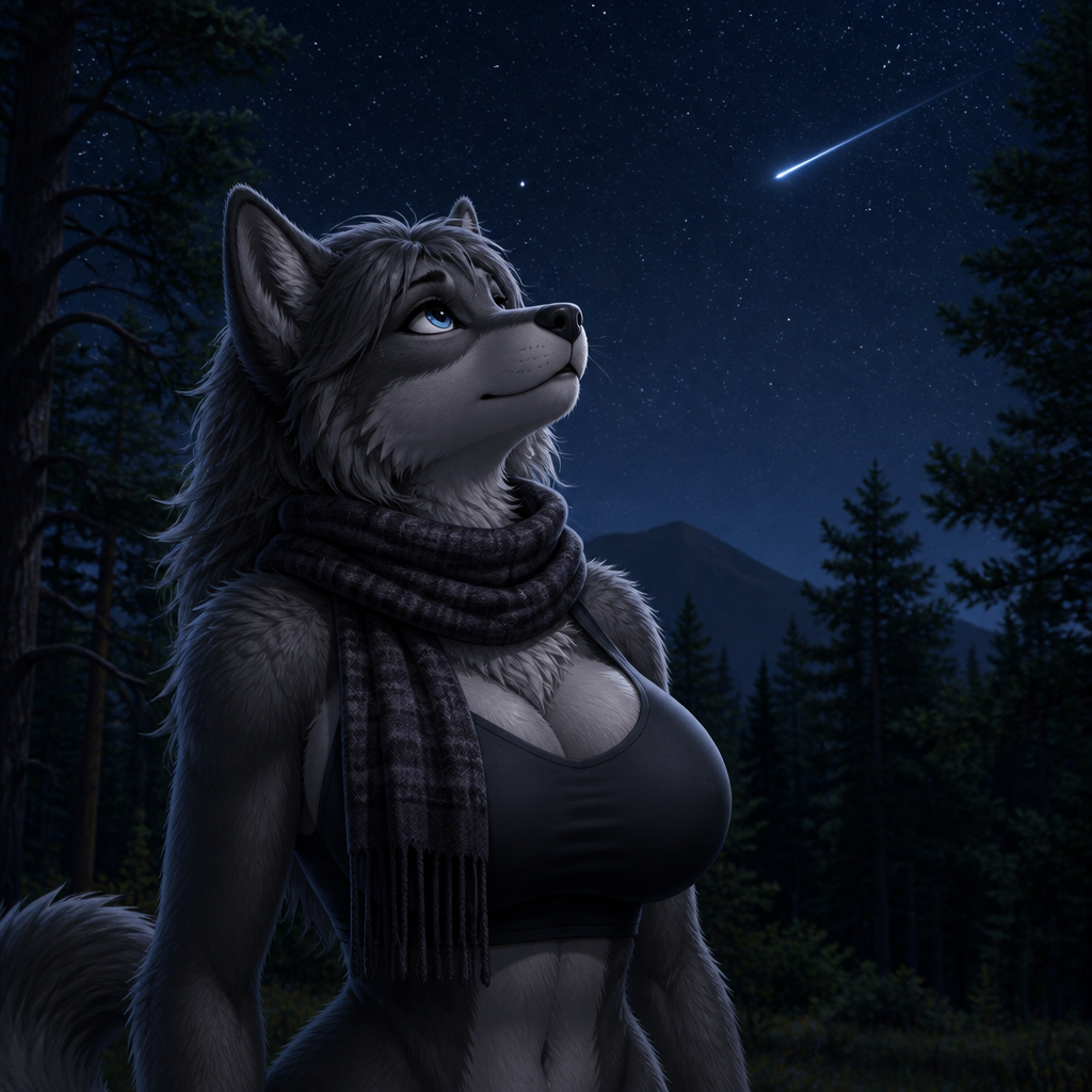A busty fuzzy (well-made female character) Beta grey Wolf that wears a scarf, just standing and looking up a shooting star from above in the forest.