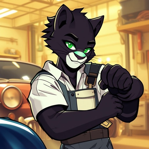 All black will write emerald green eyes working on his car