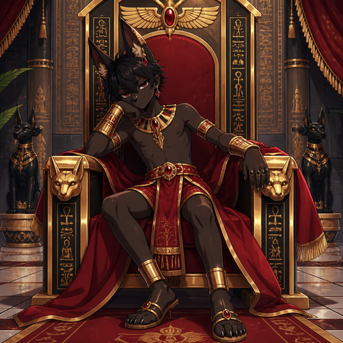 A middle school aged male anthropomorphic jackal wearing an red colored Egyptian prince outfit with gold bracers, ruby earrings, and obsidian rings but no shirt. He is sitting on a throne bored. Anime art style, full body.