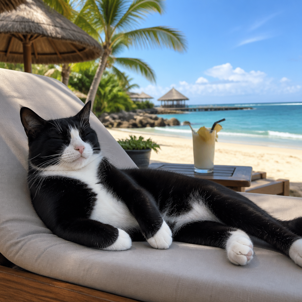 A relaxed Cat with black/white fur just relaxing at the beach on a resort.