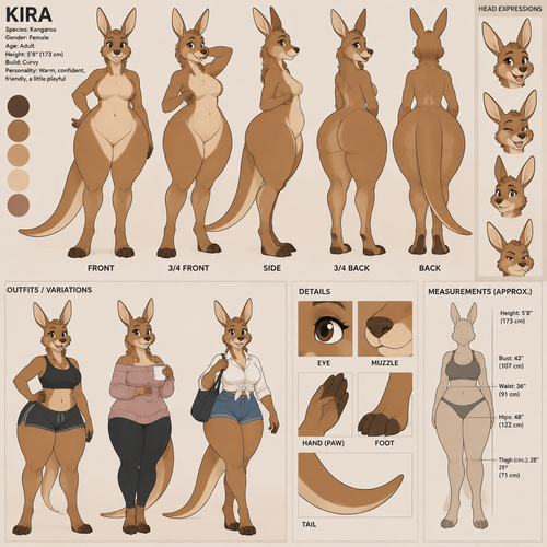 A curvy anthropomorphic kangaroo with a rounded belly, is not pregnant, has dimensions of her hips and thighs, animated version, reference sheet