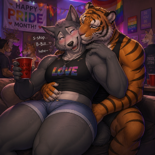 Legoshi the grown Wolf is celebrating at today’s pride month at the college party. Has thick thighs and big butt. Wears shorts and a necklace. Being cuddled by Bill the tiger. Getting some kisses in a cheek. Blushing and giggling.