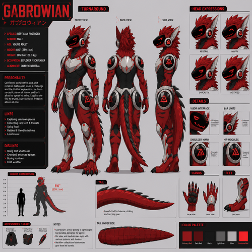 A young red male reptilian protogen. Reference sheet, height of 8 foot 6 inches. Anime art style, the name is Gabrowian.