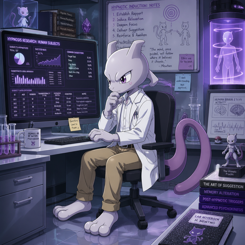 A elementary school aged male Mewtwo wearing tan khaki pants, white button up shirt, and a lab coat. He is sitting at his computer in his laboratory looking at the data he has collected on hypnotizing humans. Anime art style, solo, full body.