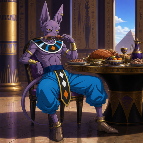 Beerus from Dragon Ball Super wearing loose Egyptian inspired blue shorts. He is sitting at a table eating a feast. Solo, full body.