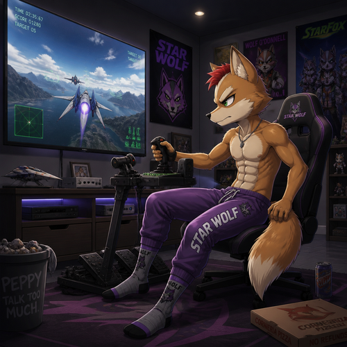 A middle school aged delinquent Fox McCloud wearing tight purple Star Wolf sweatpants, shirtless showing 16 pack of abs, red mohawk, and Wolf O’Donnell themed socks. Playing a flight simulator game on a 75 inch tv in a game room with realistic flight controls. Anime art style, solo, full body.