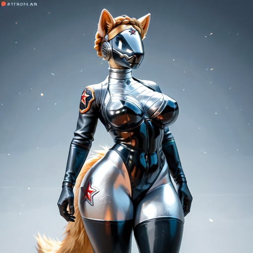 A busty female adult Protogen with thick thighs, wide hips, and fluffy neck in the Atomic Heart universe that can’t resist the level of rock and role. *well-made art & view* *in Atomic Heart the video game* *a sexy tomboy character also badass* *plays a electric guitar at the metal band on stage*