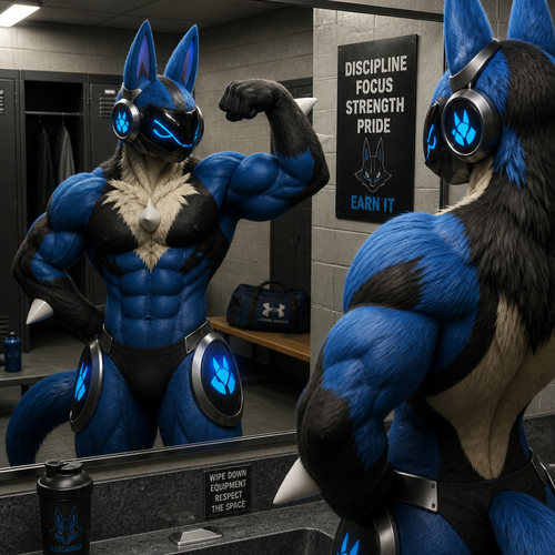 A male Lucario protogen hybrid. He is in a gym locker room flexing in front of a mirror.