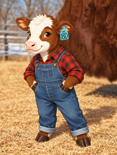 Anthropomorphic calf in plaid shirt and overalls standing in a sunny field.