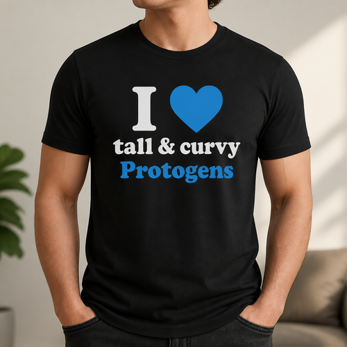 A T-shirt says; I 💙 tall & curvy Protogens. Well-made version and view.