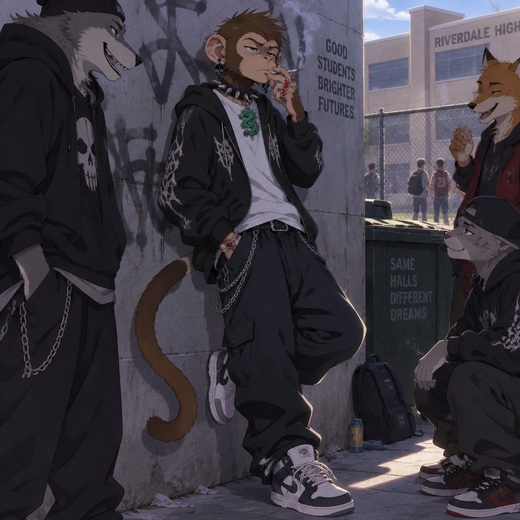 A middle school aged male monkey with a tail wearing a stereotypical American gang outfit with obsidian skull earrings, ruby rings on all fingers on his right hand, and an emerald dragon pendant on a tight spiked collar. He is behind the high school leaning against the wall smoking with friends. Anime art style, full body.