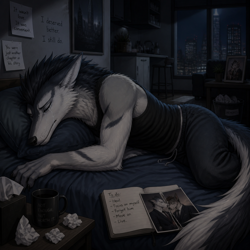 A sad grown male Sergal laying on bed eyes closed tears dripping a little at the small apartment for being hurt and betrayed by his ex-boyfriend the billionaire Sergal to forget about their relationship and the rest.