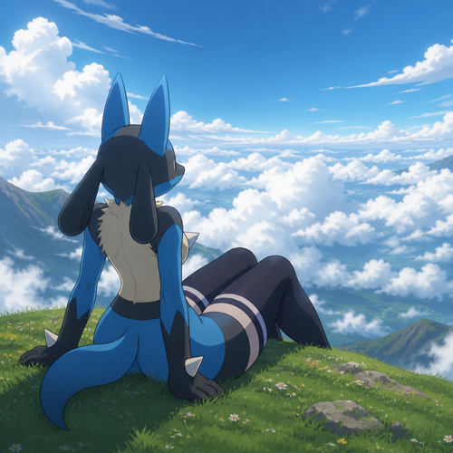An anthro Lucario with thick thigh highs is at the top of a hill enjoying some alone time and looking at the clouds from above. Animated version. back view.