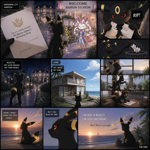 A non-rich grown Umbreon male reject and ripped the envelope and toss it to a trash can of a billionaire Sulveon’s (the Barron) welcoming party at the gardening city mansion at home. Lives on a small modern house at the beach. Well-made animated version. A sad/good ending.