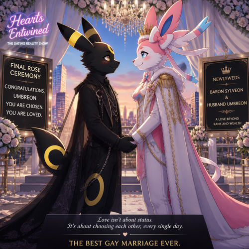 In a dating reality show (a well-made animated version) a non-rich half gothic grown Umbreon male is surprisingly unbelievably been accepted to become a boyfriend to this super rich grown Sylveon male as a Barron for not understanding why and doesn’t mind to lose. In an anthropomorphic universe. Never asks but been gifted. A good ending. Side view. A modern present day. Best gay marriage ever.